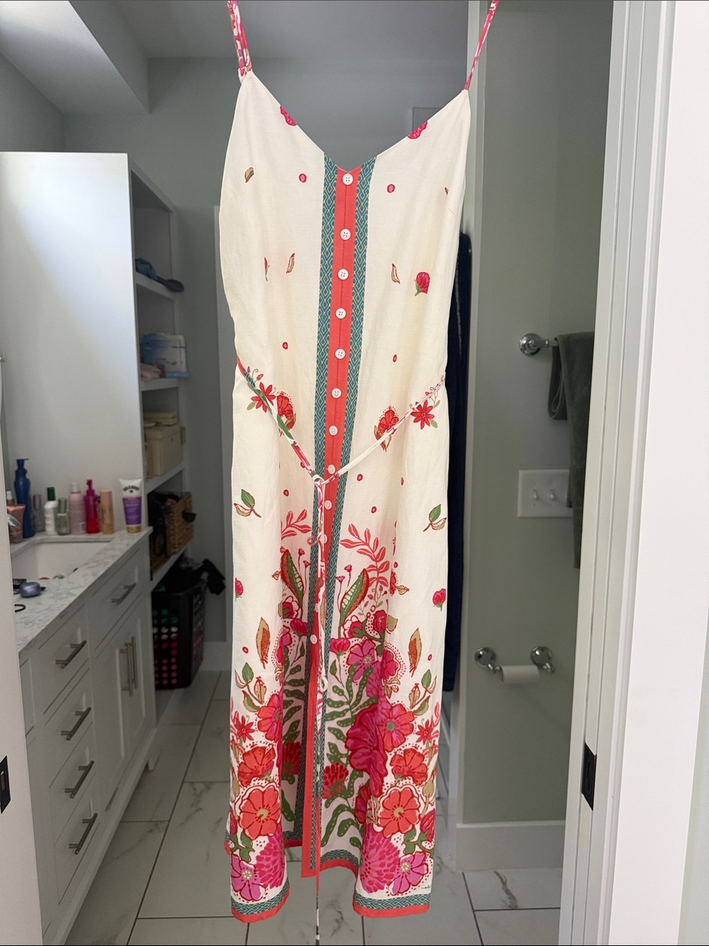 Skies Are Blue Cream Midi Dress with Pink & Coral Floral Trim